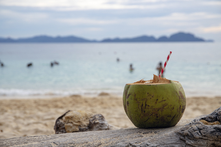 Green coconut with the straw on sea beach sand. Coconut drink on tropical seashore. White sand beach relax. Green coconut cocktail with paper straw. Exotic vacation on Philippine island beachの写真素材