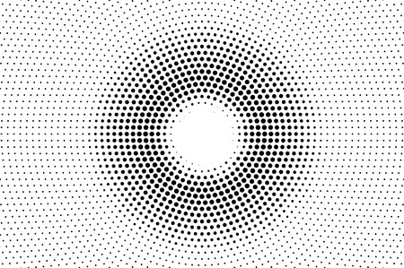 Black on white faded halftone texture. Round dotwork gradient. Circular vector background. Monochrome halftone overlay for vintage cartoon effect. Perforated retro card. Abstract dotwork surfaceのイラスト素材