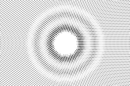 Black on white round halftone texture. Rough dotwork gradient. Distressed dotted vector background....