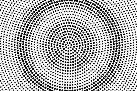 Black and white halftone vector. Centered dotted gradient. Round dotwork texture. Vintage overlay with ink dot ornament. Monochrome halftone background. Perforated surface for retro cartoon designのイラスト素材