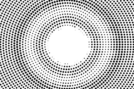 Black and white halftone vector. Rough dotted gradient. Centered dotwork surface. Vintage overlay textured with ink dots. Monochrome halftone background. Perforated texture for retro graphicのイラスト素材