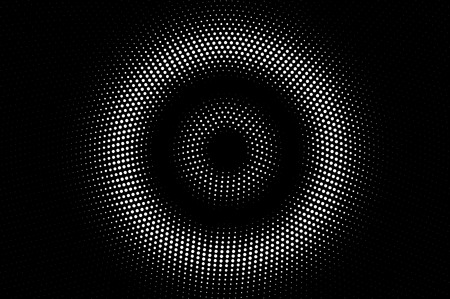 White dots on black background. Dark halftone vector texture. Round dotwork gradient. Monochrome halftone overlay for vintage effect. Perforated surface. Pop art style dot texture cardのイラスト素材