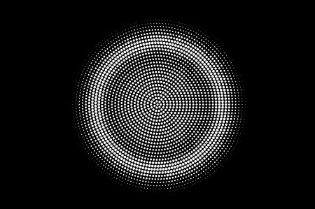 White dots on black background. Centered halftone vector texture. Round dark dotwork gradient. Monochrome halftone overlay for vintage design. Perforated surface. Pop art style dot texture cardのイラスト素材