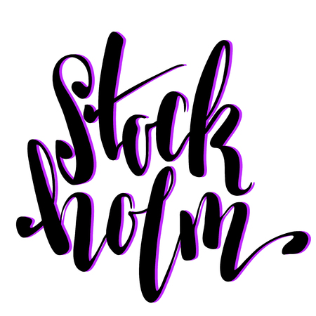 Stockholm city name handwritten lettering. Sweden capital city calligraphic vector sign on white background. Vacation destination tourist tag. Modern geographic lettering. Stockholm inscription labelのイラスト素材