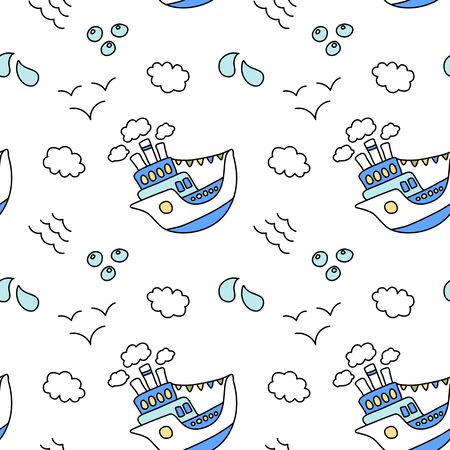 Cute ship and cloud seamless pattern on white background. Blue and white nautical print. Marine travel wallpaper. Kid birthday wrapping paper. Summer activity doodle pattern. Marine theme pattern tileのイラスト素材