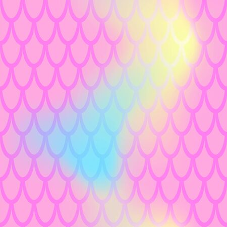 Iridescent fish scale seamless pattern. Pastel pink mermaid background. Fish skin pattern over colorful mesh. Fantastic fish scale tileable print. Feminine, mermaid or summer abstractionのイラスト素材