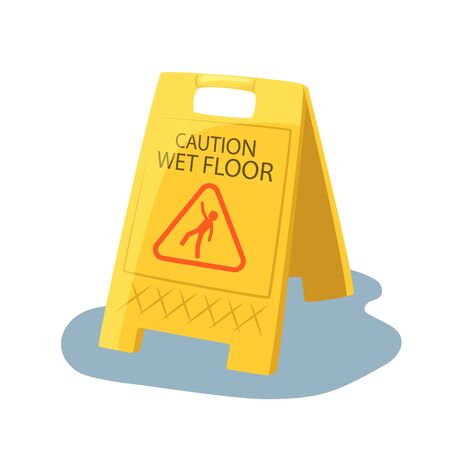 Caution Wet Floor yellow sign. Comic vector sign on white background. Attention billboard with shadow. Wet floor warning isolated. Falling person symbol in red triangle. Cartoon style safety drawingのイラスト素材