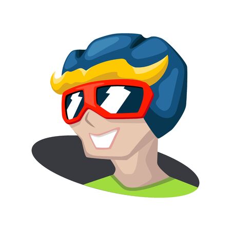 Active man head in helmet. Cartoon vector mascot on white background. Racer head icon. Sportsman smiling face. Cool guy in helm and sunglasses. Winter sport fun concept. Safe paintball equipmentのイラスト素材