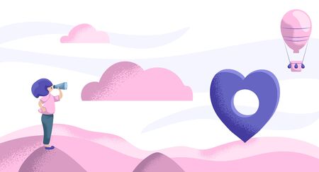 Woman looking at heart pointer. Romantic life concept. Partner search or dating application banner template. Pink violet landscape with hill and cloud. Textured flat vector illustration for Valentineのイラスト素材