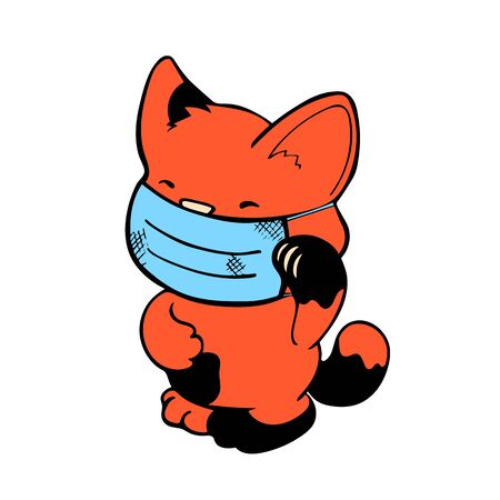 Red Maneki Neko cat in medical protective mask. Cute cat vector illustration on white background. Chinese  medical protection concept. Protective mask on lucky cat.のイラスト素材