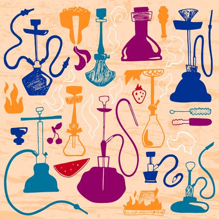 Colorful hookah set with smoke, spare parts and fruit flavor. Vintage hookah bar or lounge banner...