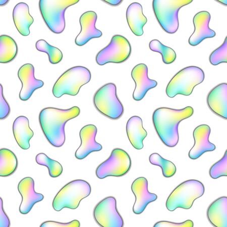 Liquid shape with rainbow gradient on white background. Trendy abstract seamless pattern. Pastel color floating paint blob. Holographic abstraction for wallpaper or surface design. 3D bloat textureのイラスト素材