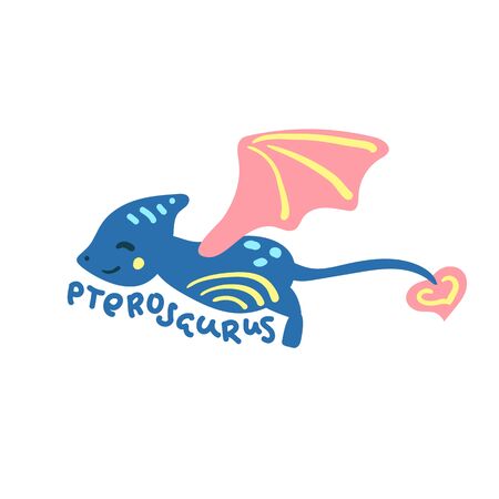 Cartoon dinosaur Pterosaurus. Cute dino character isolated. Playful dinosaur vector illustration on white background. Pterosaurus handdrawn lettering. Kids logo with friendly animal. Dino mascotbのイラスト素材