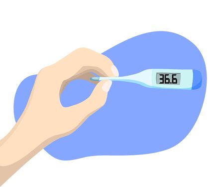 Human hand with thermometer showing 36.6 degrees. Normal temperature of human body. Electronic...