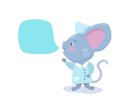 Cute doctor mouse with text bubble vector character on white background. Grey mouse in lab coat. Children healthcare advisor with message space. Kids clinic or hospital banner template. Dentist mascotのイラスト素材
