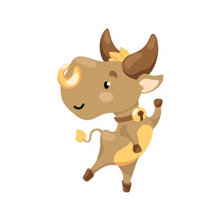 Cute bull character vector illustration on white background. Cheerful ox dancing. 2021 Lunar Year animal symbol. Chinese new year banner template. Cute ox icon. Bull mascot isolatedのイラスト素材