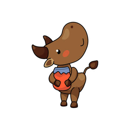 Cute ox character with jam jar. 2021 Year Lunar Zodiac Animal. Chinese New Year of Ox. Cow vector illustration on white background. Friendly bull mascot. Domestic farm animal icon. Joyful ox stickerのイラスト素材