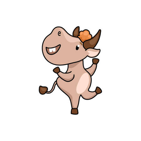 Cute ox cartoon character dance. 2021 Year Lunar Zodiac Animal. Chinese New Year of Ox. Cow vector illustration on white background. Friendly bull mascot. Domestic farm animal icon. Joyful ox stickerのイラスト素材
