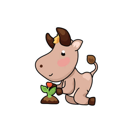 Cute ox cartoon character growing flower plant. 2021 Year Lunar Zodiac Animal. Chinese New Year of Ox. Cow vector illustration on white background. Friendly bull mascot. Domestic farm animal gardeningのイラスト素材