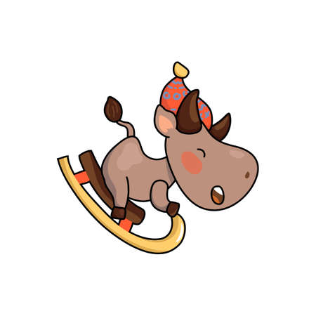 Cute cow in hat on sledge. 2021 Year Lunar Zodiac Animal. Chinese New Year of Ox. Cow vector illustration on white background. Friendly bull mascot. Domestic farm animal icon. Joyful ox ride sleightのイラスト素材