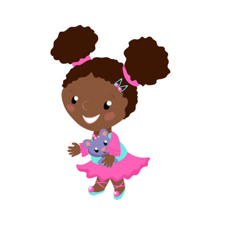 Smiling African girl in pink dress vector illustration on white background. African american toddler with plush doll. Smiling girl in ballet dress for children activity class. Preschool age childのイラスト素材