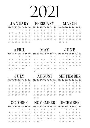 2021 Year Vertical calendar on A4 paper format. Business wall calendar template. 2021 year by months. Classic vertical calendar with serif typography. Week start Mondayのイラスト素材