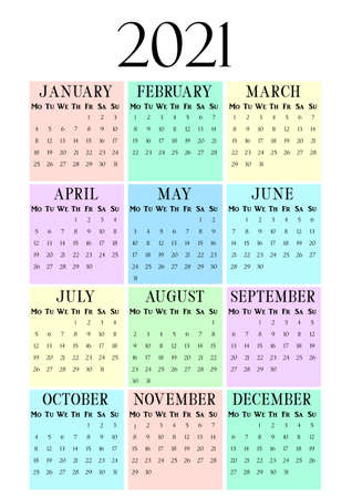 2021 Year Vertical calendar on A4 paper format. Pastel wall calendar template. 2021 year by months. Classic vertical calendar for business planner. Week start Mondayのイラスト素材