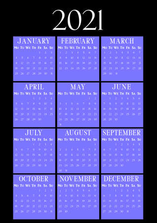 2021 Year Vertical calendar on A4 paper format. Black and blue wall calendar. 2021 year by months. Classic vertical calendar in dark color scheme. Week start Mondayのイラスト素材