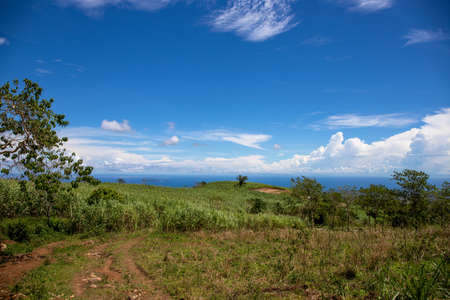 Green mountain and distant ocean under blue sky. Sunny rural landscape. Rural land scenery. Summer travel hiking in green hills. Untouched nature parkland. Volcanic island reliefの写真素材