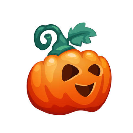 Cute Halloween pumpkin character with happy face, vector illustration in cartoon style. Halloween character jack-o-lantern for greeting card, board game, party invitation. Creepy pumpkin carved faceのイラスト素材