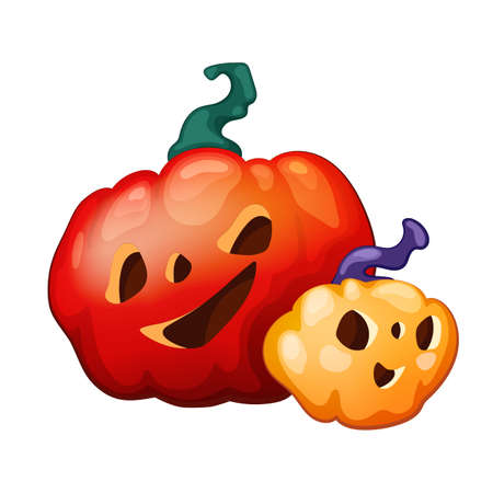 Cute Halloween pumpkin character kid and parent vector illustration in cartoon style. Halloween character jack-o-lantern for greeting card, board game, party invitation. Creepy pumpkin carved faceのイラスト素材