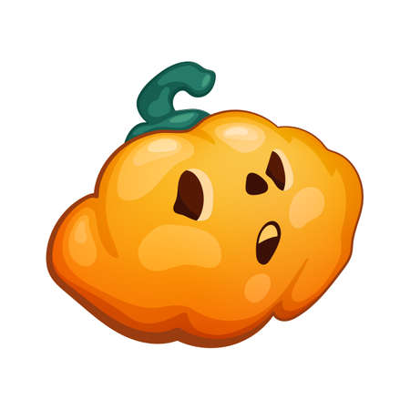 Cute Halloween pumpkin character with scared face, vector illustration in cartoon style. Halloween character jack-o-lantern for greeting card, board game, party invitation. Creepy pumpkin carved faceのイラスト素材