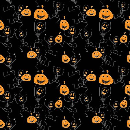 happy creepy dancing silhouettes holding halloween s pumpkins.seamless pattern for printing on paper and fabric. perfect for halloween packaging.のイラスト素材