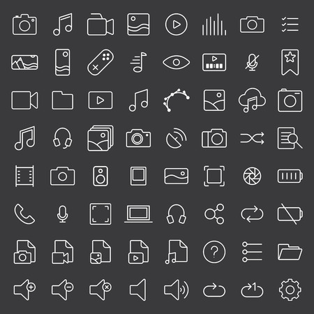 Multimedia thin line icons set on dark backgroundのイラスト素材