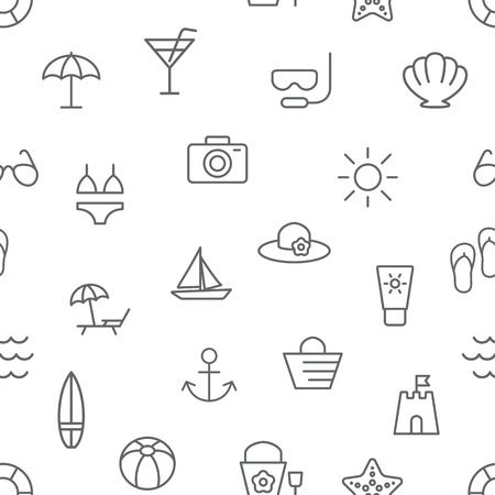 Seamless summer vacation icons pattern grey vector on white backgroundのイラスト素材