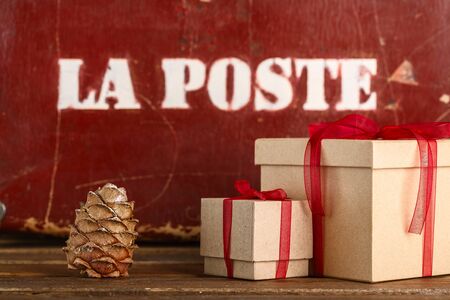 Christmas gifts and Christmas tree. the attributes of Christmasの写真素材
