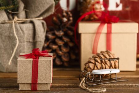 Christmas gifts and Christmas tree. the attributes of Christmasの写真素材