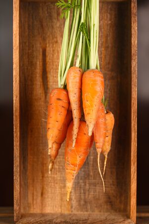 harvest fresh carrots with leaves in a wooden boxの写真素材