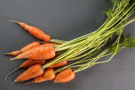 fresh harvested carrots on gray wooden backgroundの写真素材