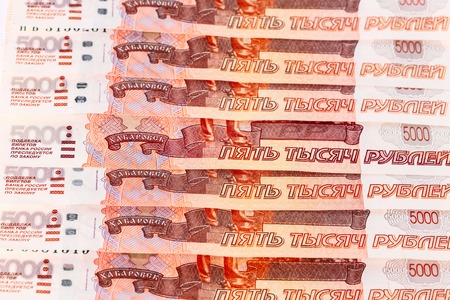 Row of Russian roubles. Russian money. Isolated. Closeupの写真素材