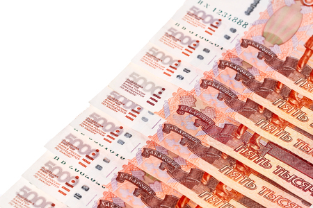 Row of Russian roubles. Russian money. Isolated. Closeupの写真素材