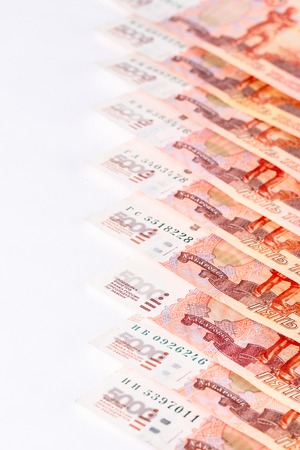 Row of Russian roubles. Russian money. Isolated. Closeup