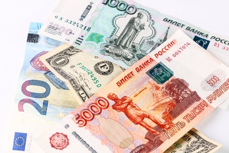 Money from different countries: dollars, euros, rubles. Isolatedの写真素材