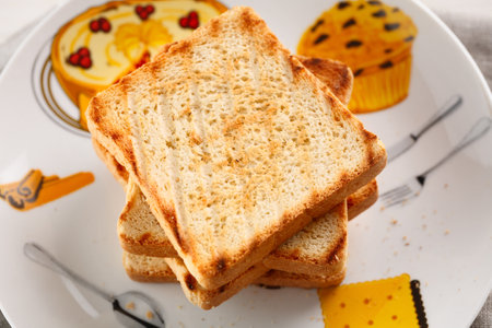 Grill toasts on the dish. Close up. Copyspace