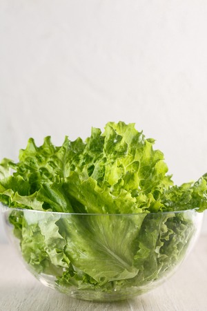 lettuce leaves in glass bowl on white backgroundの写真素材