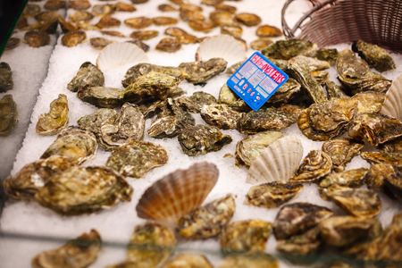 Selling oysters. La Boqueria market in Barcelonaの写真素材