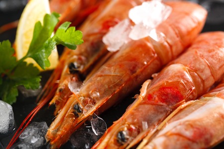 langoustines or shrimps with spices, lemon and herbs on a black background. Closeupの写真素材