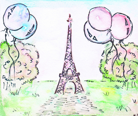 Eiffel tower. Green lawn and balloons-illustration. Watercolorの写真素材