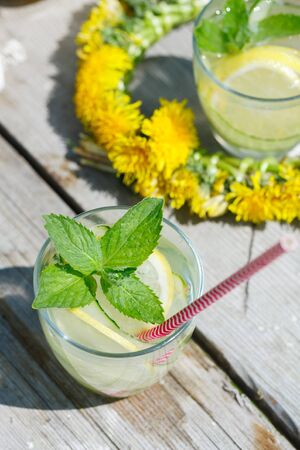 Summer refreshing drink. detox lemonade from cucumber, lemon and mintの写真素材
