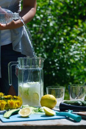 Summer refreshing drink. detox lemonade from cucumber, lemon and mintの写真素材